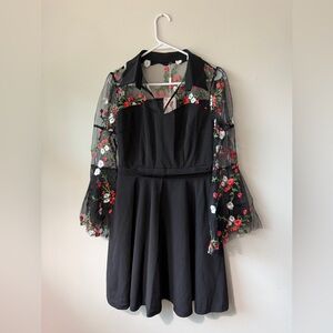 Chic Black Dress with Floral Embroidered Sleeves Size L NWT